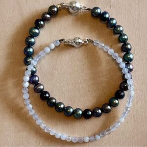 Set of 2 Gemstone Bracelets | Peacock Freshwater Pearl & Faceted Agate w/Silver